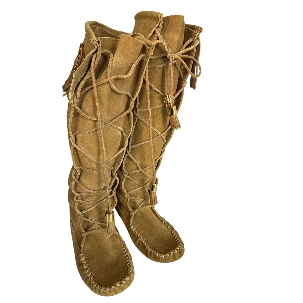 Tory Burch Tan Suede Fringe Moccasin Lace Up‎ Tall Boots Gold Logo Tassels 7M